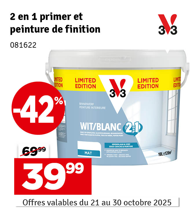 Peinture pour murs et plafonds 2-en-1 blanc mat 10 L V33